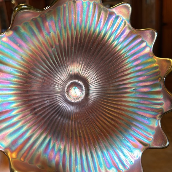 Carnival Glass Antique Bowl 8”wide by 8”long by 3”high Multicolored;Green Bottom - Picture 9 of 12